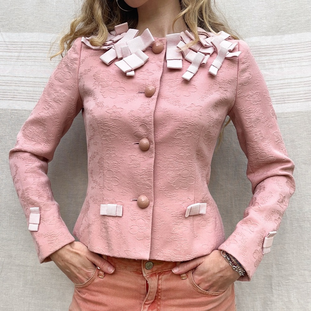 Vintage 90s Moschino Cheap and Chic Blush Pink Bow Ribbon Trim Wool Suit Jacket